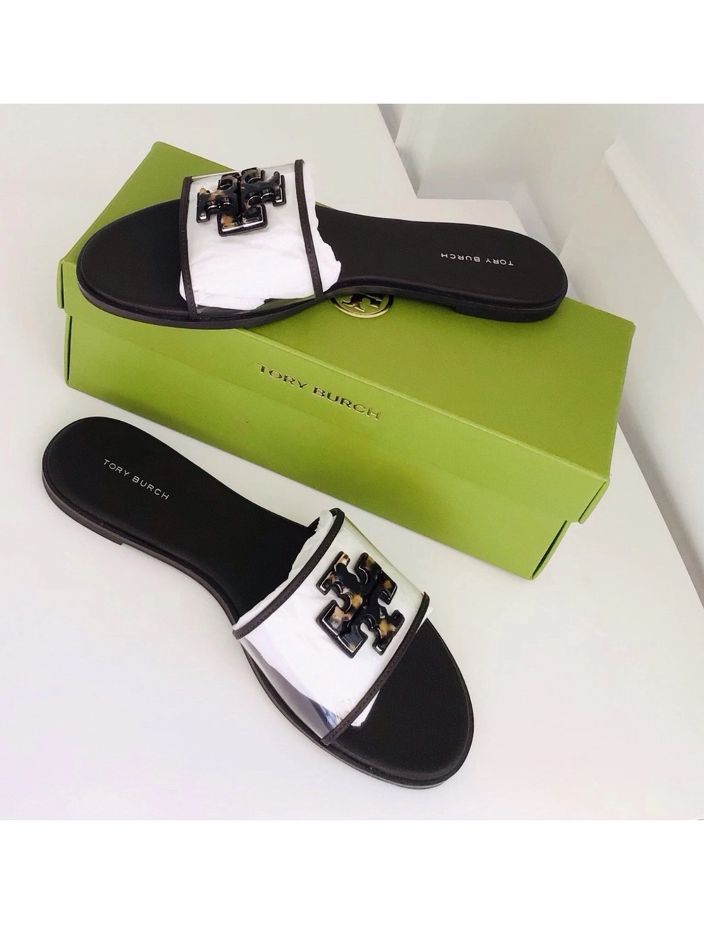 Tory Burch Everly Slide Sandals Translucent TPU Leather-Color Clear/Tortoise-NEW - Picture 6 of 13